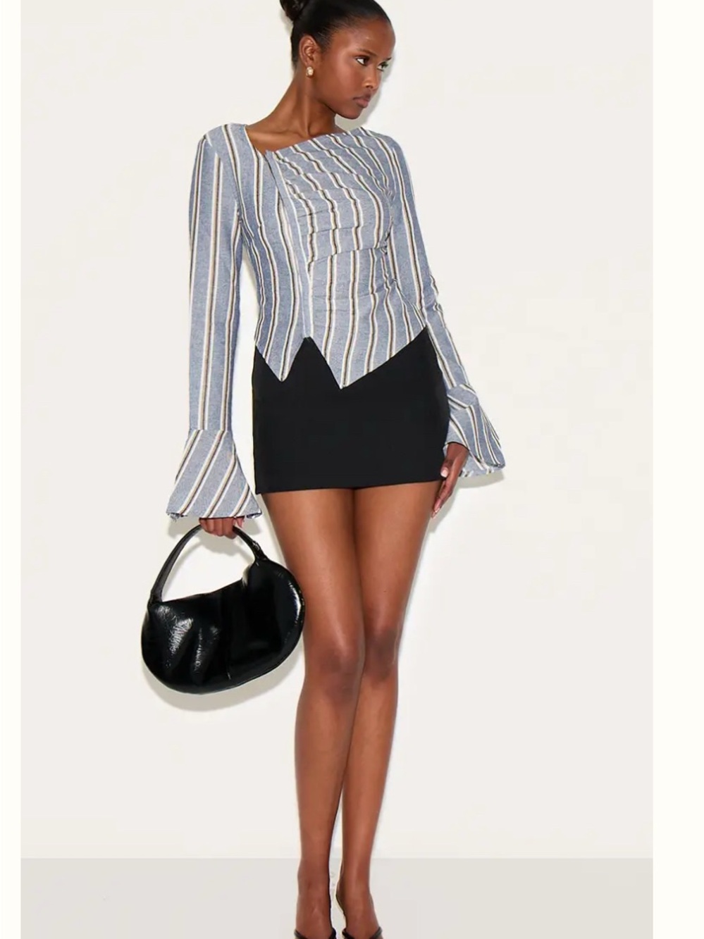Pretty Little Thing Blue and White Long-Sleeve Peplum Top